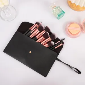 Kit de 14 pinceaux de maquillage professionnels avec ferrules or rose et pochette