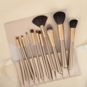 Gedetailleerd overzicht van de 12-delige make-up borstelset in een beige opbergetui.