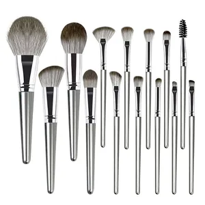 Set completo di 14 pennelli da trucco professionali argento con setole sintetiche premium