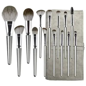 Set completo da 14 pennelli trucco professionali grigi con custodia arrotolabile