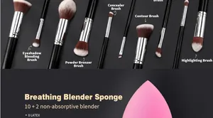 Détails du kit de 12 pinceaux de maquillage avec éponge mélangeuse rose