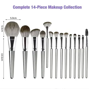 Set completo da 14 pennelli da trucco grigio argento con dimensioni professionali.