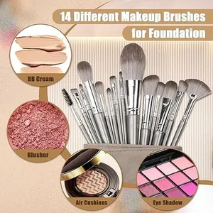 Kit de 14 pinceaux de maquillage professionnels pour fond de teint, fard et application poudre.