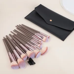 Set di 20 pennelli per trucco color champagne con pochette in pelle nera