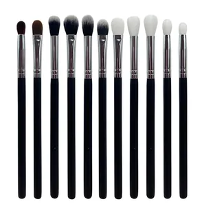 Detailed view of 11-piece eye makeup brush set with silver ferrules and soft bristles