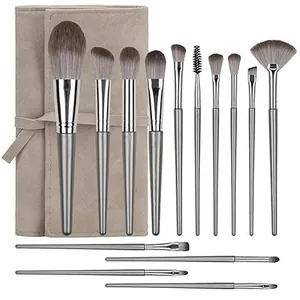 Kit de 14 pinceaux de maquillage professionnels avec pochette de rangement grise