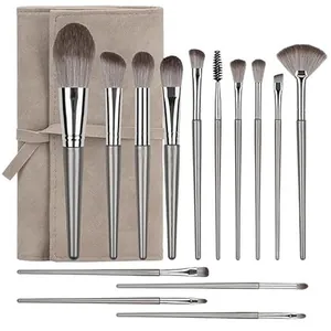 Kit de 14 pinceaux de maquillage gris professionnels avec pochette de voyage incluse