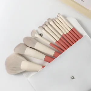 Set professionale di 12 pennelli da trucco morbidi con manici corallo e custodia bianca