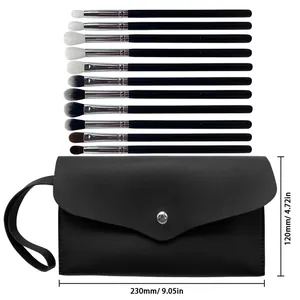 Professional 11-piece soft fiber makeup brush set with a black leather storage pouch