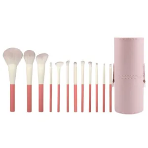 Set di 12 pennelli da trucco rosa con setole morbide e custodia cilindrica rigida