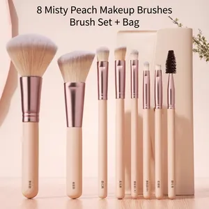 Premium 8-piece makeup brush set with rose gold ferrules and soft bristles in a pouch