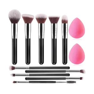 Ensemble professionnel de 12 pinceaux de maquillage avec poils souples et deux éponges roses