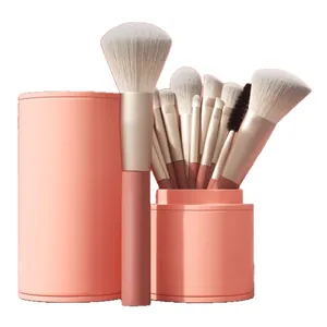 Professional 12-piece makeup brush set in peach pink with travel storage cylinder case