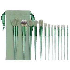 Set professionale di 13 pennelli da trucco verdi con setole morbide e borsa portatile