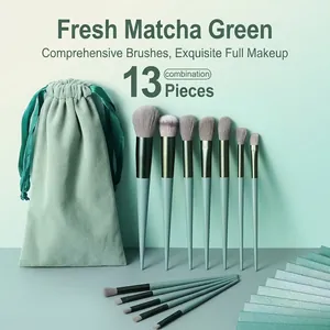 Professional 13Pcs Matcha Green Makeup Brush Set with Portable Drawstring Storage Bag