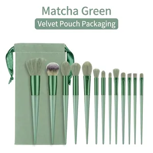 Professional 13pcs matcha green makeup brush set with matching velvet storage pouch