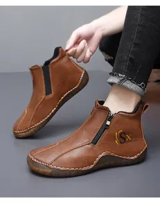 Brown men's mid-top leather casual boots with side zipper detail and white stitching