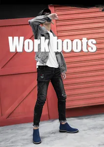 Detailed outdoor shot of men's blue suede Chelsea boots styled with distressed jeans.
