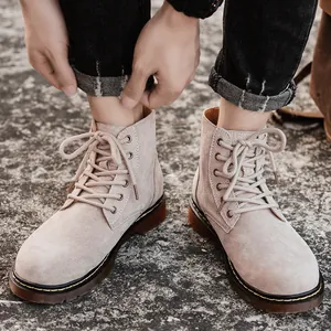 Bottes Martin pour hommes style rétro britannique en daim avec lacets de couleur kaki