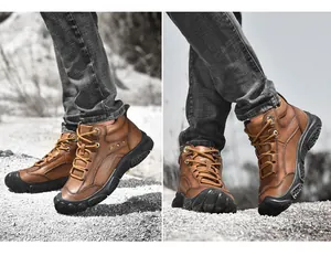 Detailed view of durable brown top layer cowhide leather outdoor hiking boots for men
