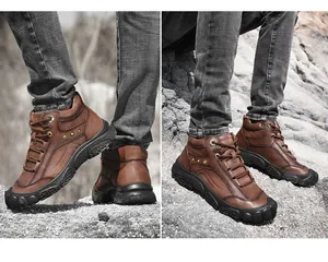 Men's durable top-layer cowhide brown outdoor hiking boots on rocky terrain detail