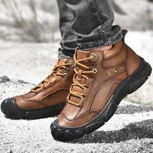 Men's high-quality brown genuine leather outdoor hiking shoes for adventure and trekking