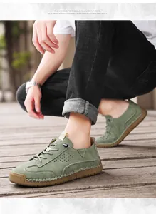 Mens sage green casual lace-up loafers with contrast stitching and gum sole