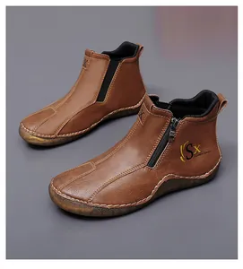 Brown leather mid-top casual boots with side zipper and contrast stitching detail