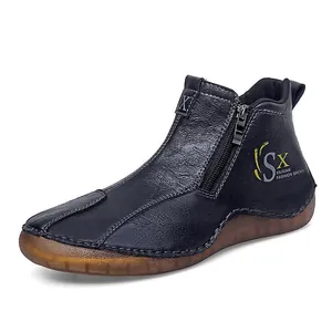Navy blue mid-top casual leather shoes for men featuring a side zipper and rubber sole