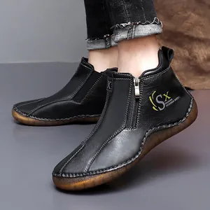 Men's stylish black leather mid-top casual shoes with side zipper closure and non-slip sole