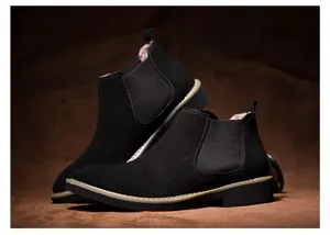 Men's black suede Chelsea boots with warm fleece lining for winter outdoor wear.
