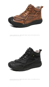 Vista detallada de zapatos casuales hechos a mano en marrón y negro con suela cosida