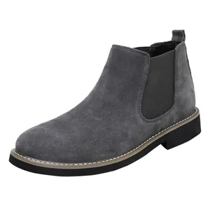 Grey men's suede Chelsea boots with elastic side panels and durable rubber soles