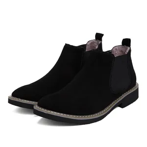 Men's classic black suede Chelsea boots featuring warm fur lining and elastic sides