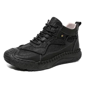 Zapatillas casuales de hombre negras de caña media cosidas a mano con piel transpirable