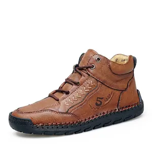 Herren Mid Top Handgenähte Freizeitschuhe PU Leder Mikrofaser Schnürer Vintage Fashion Sneaker Rutschfeste Gummisohle Stiefel