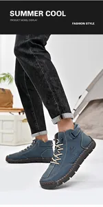 Herren-Freizeitschuhe aus blauem Leder mit handgefertigten Nähten im Freien