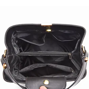 Large capacity black bucket bag interior showing multiple functional compartments.