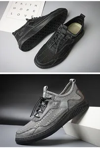 Vue détaillée de chaussures de randonnée en maille respirante pour hommes en noir et gris