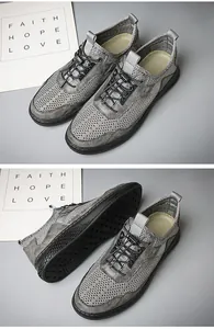 Vue détaillée des chaussures de marche d'extérieur en mesh gris avec semelle...