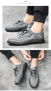 Vue détaillée de chaussures de randonnée en mesh gris portées avec un pantalon noir