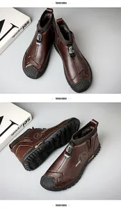 Macro detail of hand-stitched brown leather men's slip-on shoes with soft lining