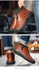 Men's fashion slip-on casual leather shoes with hand-stitched detailing and knit collar.