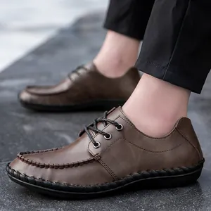 Dames Casual Leren Schoenen Ronde Teen Handgenaaid Koeienspaltleder Ademend Slip-On Loafers Zachte Zool Mocassins Voor Heren Kantoor Dagelijks