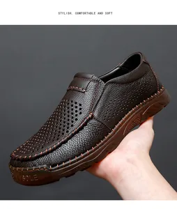 Detail view of brown perforated leather casual slip-on shoe for men