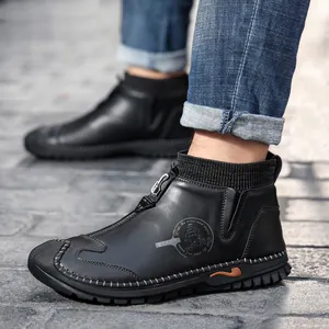 Stylish men's black casual leather shoes with knit collar and front zipper detail