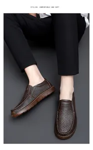 Detail view of brown men's hollow breathable leather loafers for summer casual wear