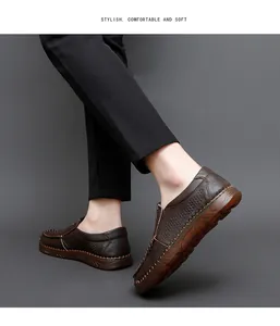 Close-up of men's brown breathable leather loafers with hand-stitched details