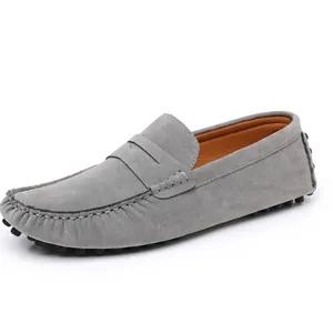 Stylish grey suede men's loafers driving shoes featuring classic slip-on design