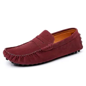 Classic burgundy suede men's loafers with studded rubber sole in a comfortable slip-on style